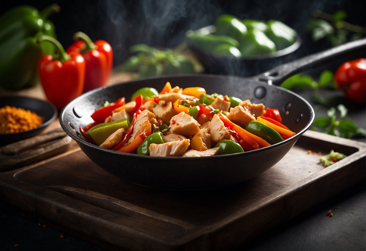 Sliced capsicum and marinated chicken stir-frying in a wok with Chinese spices and sauces