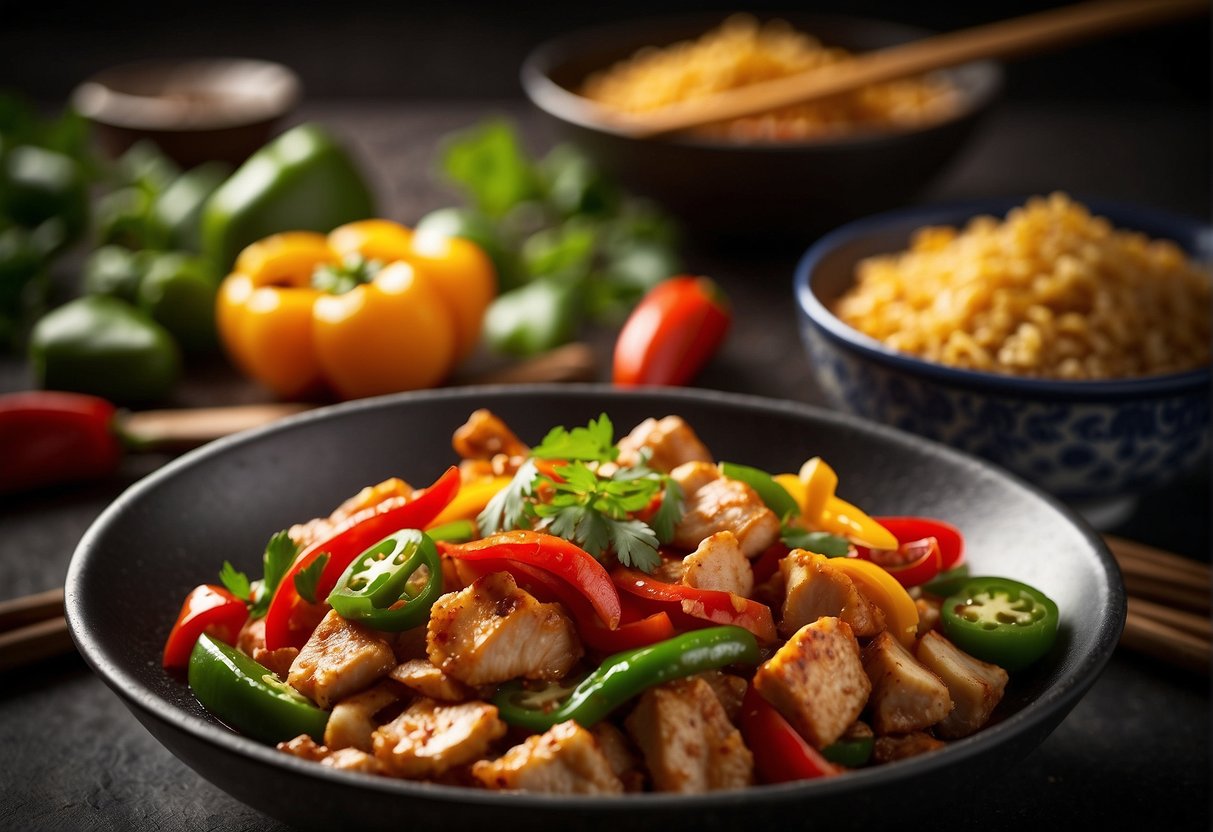 Sizzling wok stir-fries diced chicken and capsicum in fragrant Chinese spices