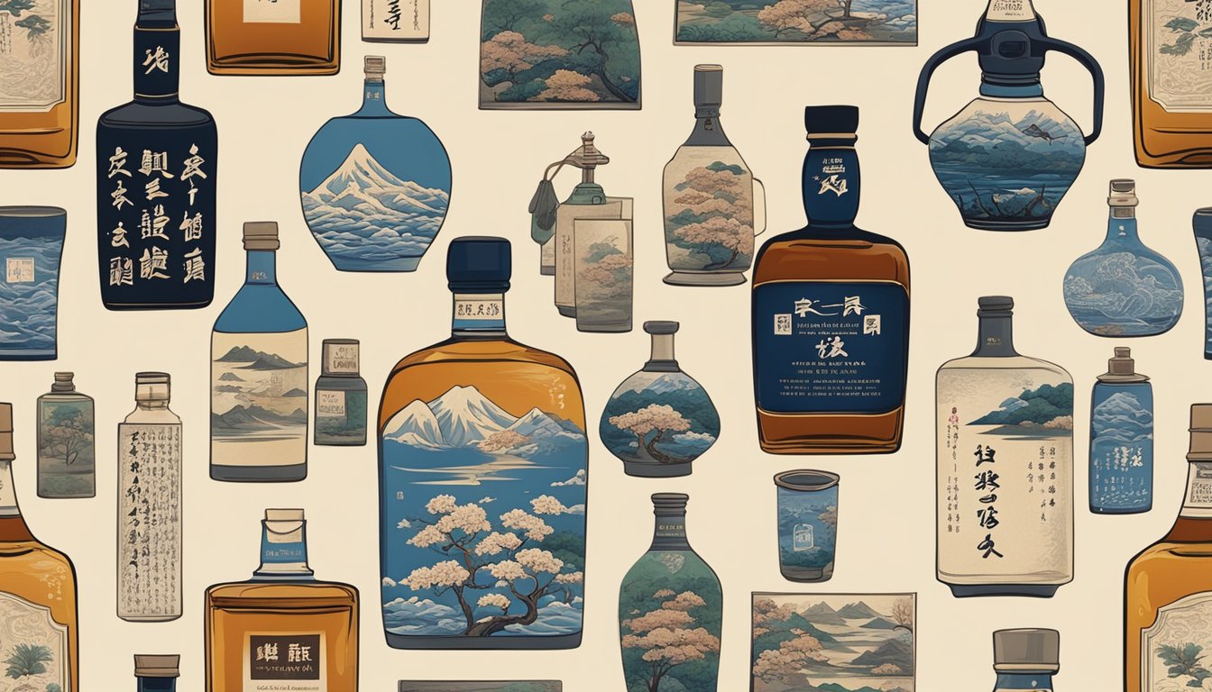 A display of vintage Japanese whiskey bottles, surrounded by traditional Japanese artwork and calligraphy
