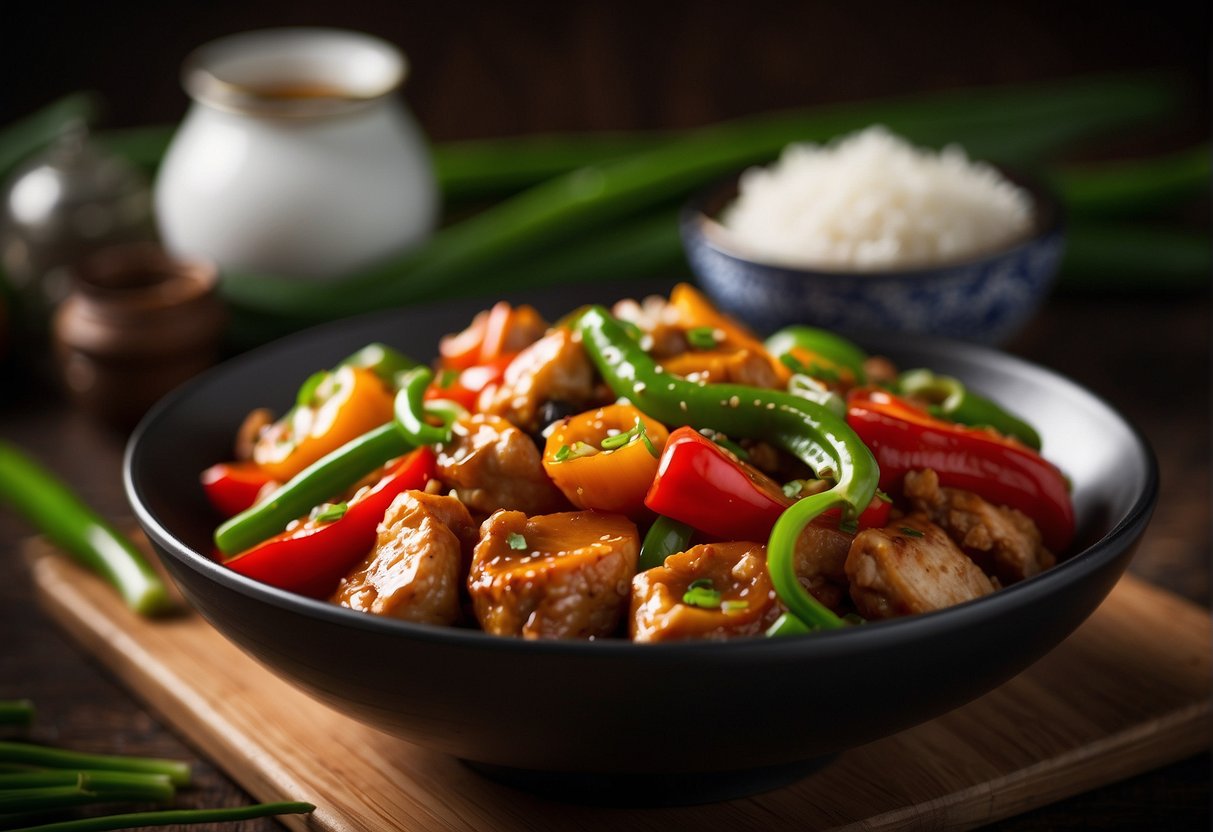 A plate of sizzling capsicum chicken stir-fry, garnished with fresh green onions and served with steamed white rice in a traditional Chinese bowl