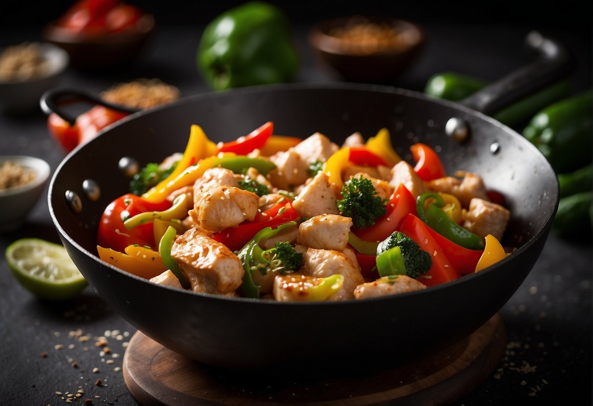 A sizzling wok stir-fries diced capsicum and tender chicken with aromatic Chinese spices, creating a flavorful and nutritious dish