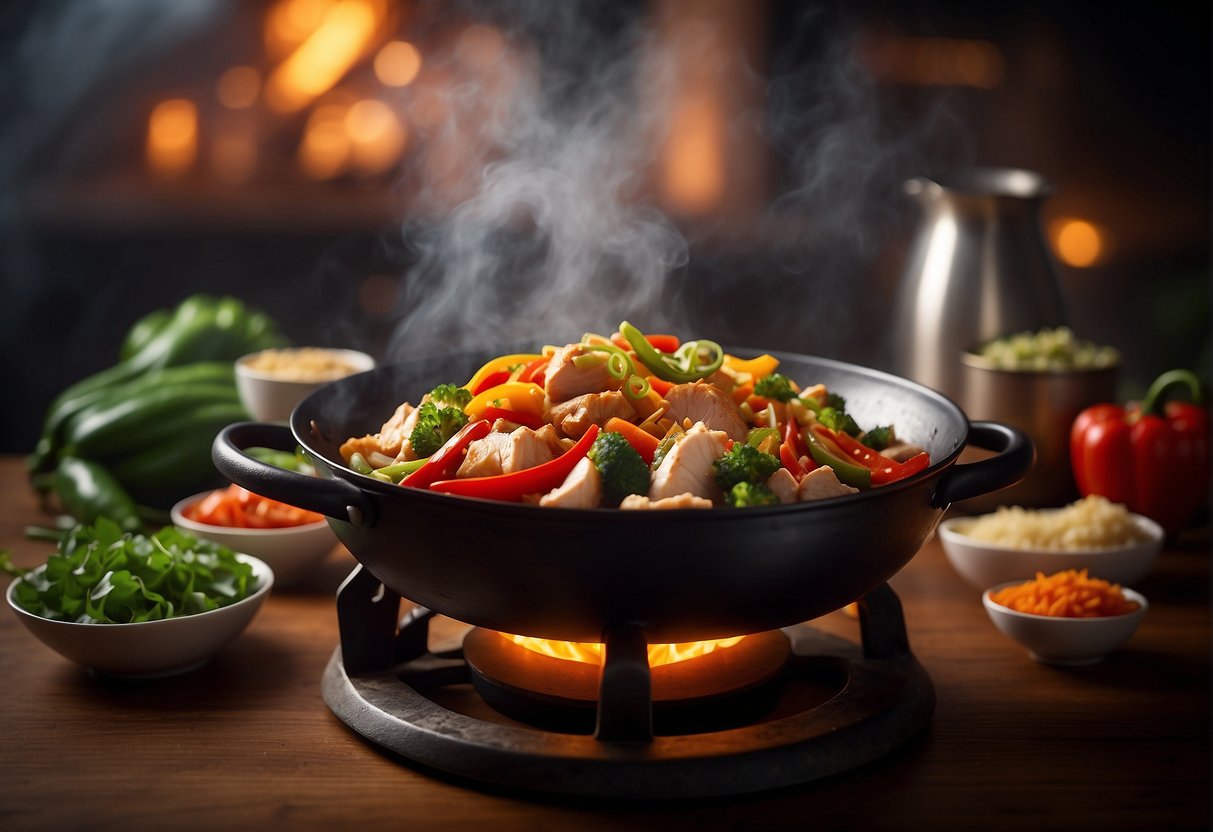 A sizzling wok with diced capsicum and tender chicken stir-frying in a flavorful Chinese sauce, steam rising, surrounded by assorted ingredients