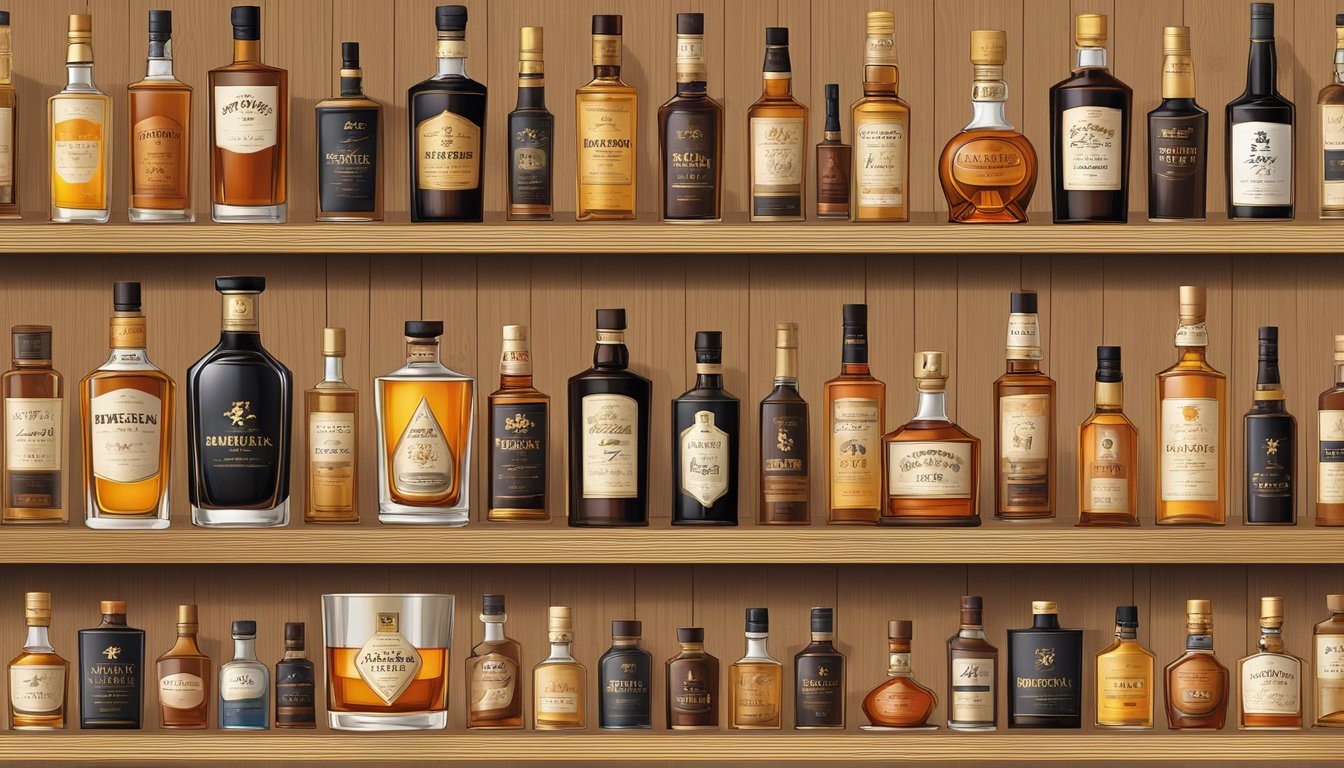 A collection of Japanese whisky bottles displayed on a wooden shelf, with elegant labels and varying shapes and sizes