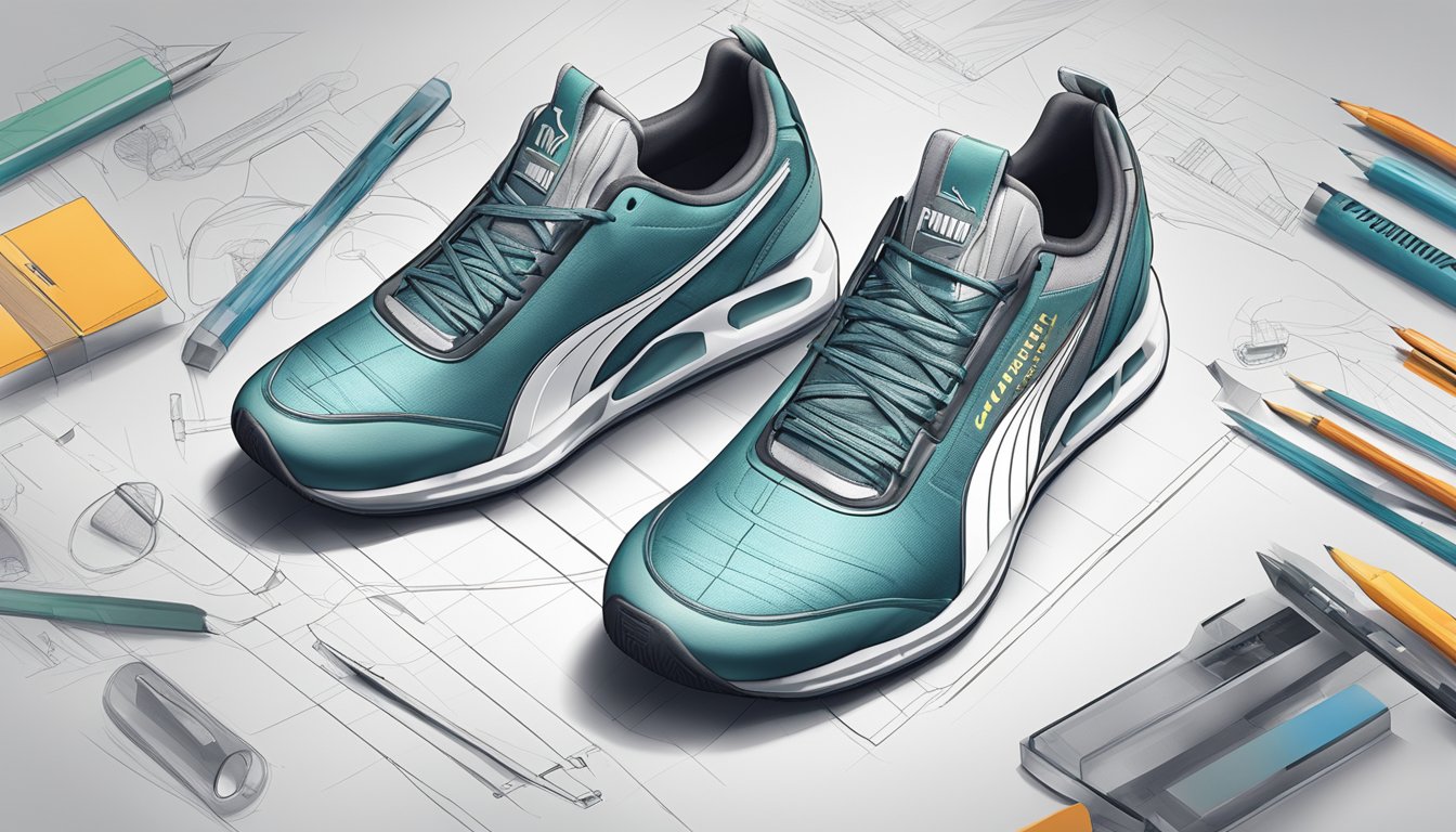 A sleek and modern sneaker design with the Puma logo prominently displayed, surrounded by innovative product development tools and sketches