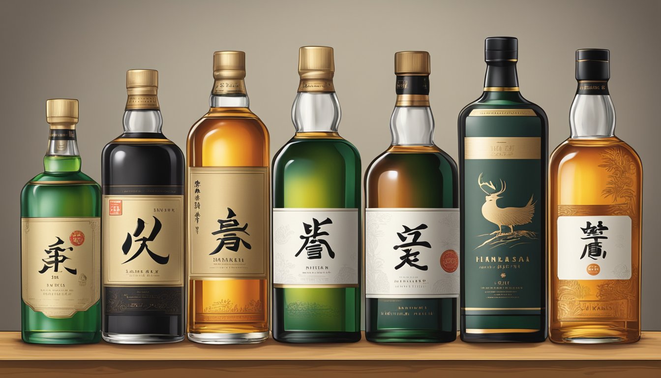 A collection of Japanese whisky bottles arranged on a wooden shelf, each displaying unique labels and distinct bottle shapes