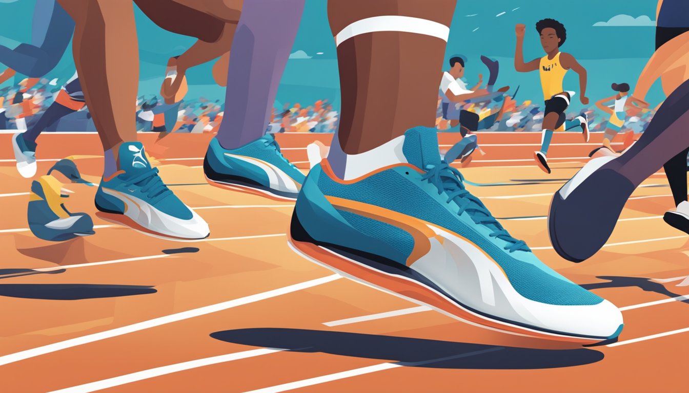 A sleek PUMA shoe crosses the finish line in a track race, surrounded by other competitors