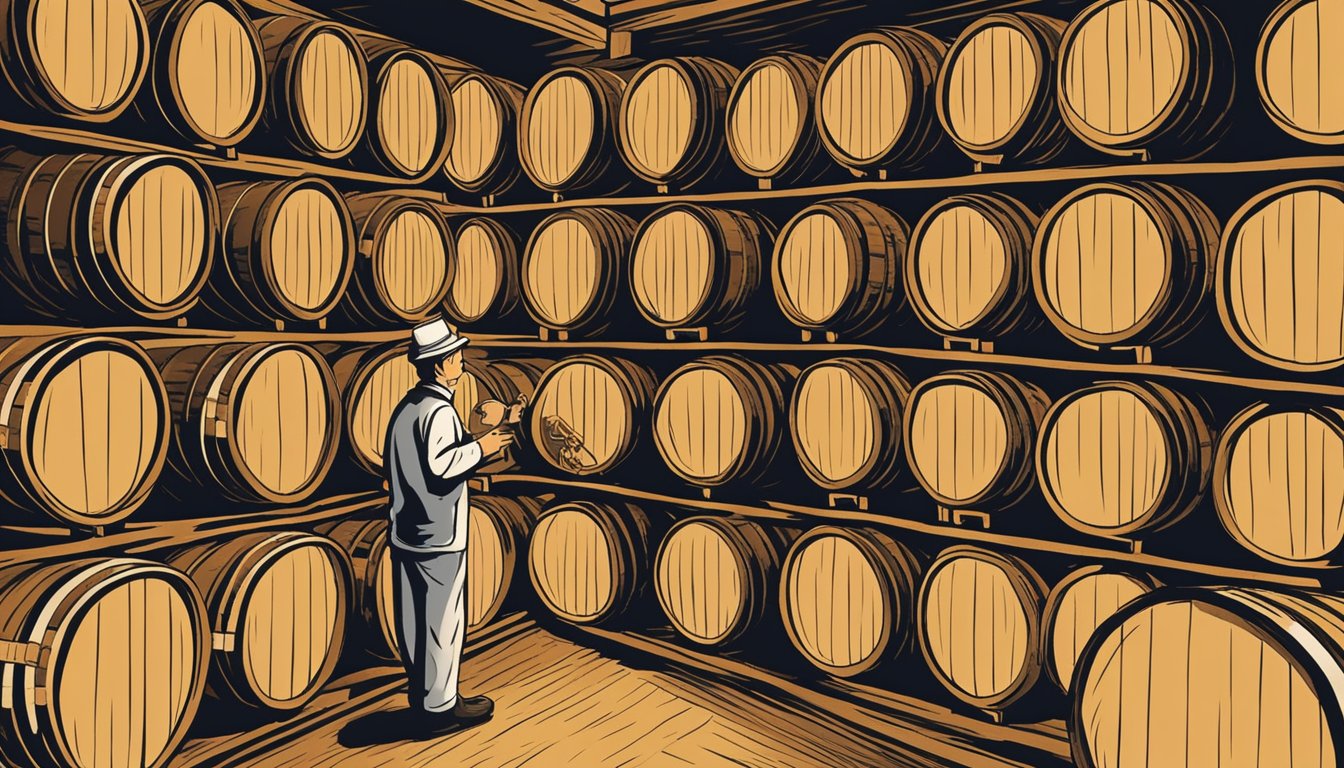 A master distiller carefully selects and blends rare Japanese whiskies in a traditional distillery. Oak barrels line the walls, aging the rich, amber liquid
