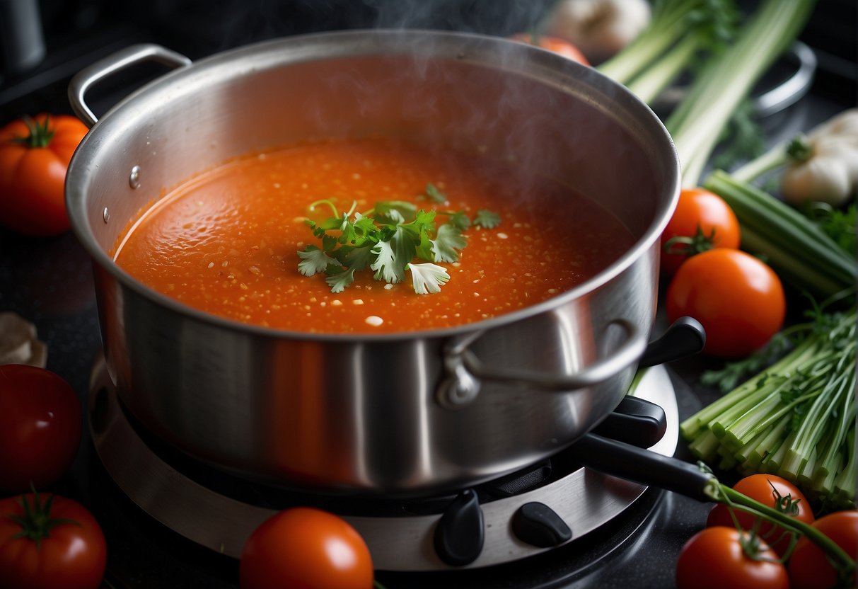 A large pot simmers on a stove, filled with vibrant red tomato soup. Steam rises, carrying the aroma of garlic and ginger. Green onions and cilantro garnish the soup, adding a pop of color