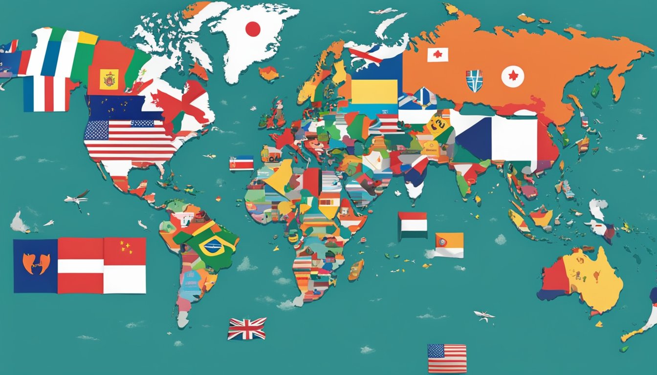 A world map with Puma logos scattered across various countries, surrounded by iconic landmarks and international flags