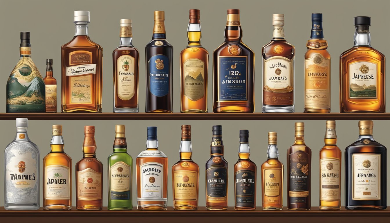 A bottle of Japanese whisky stands proudly among a collection of international liquor brands, symbolizing its growing prominence in the global market
