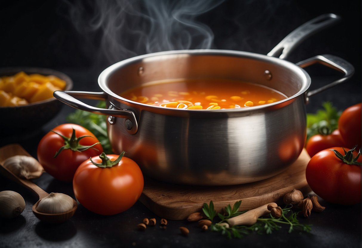 A pot simmering on a stove with tomatoes, broth, ginger, and spices. A ladle stirring the fragrant soup. Bowls and spoons ready on a table