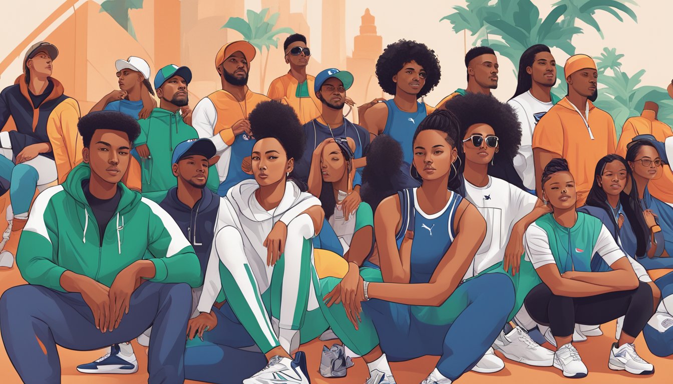 A diverse group of people wearing Puma apparel engage in various cultural activities, such as music, art, and sports, representing the brand's strong consumer engagement and cultural influence