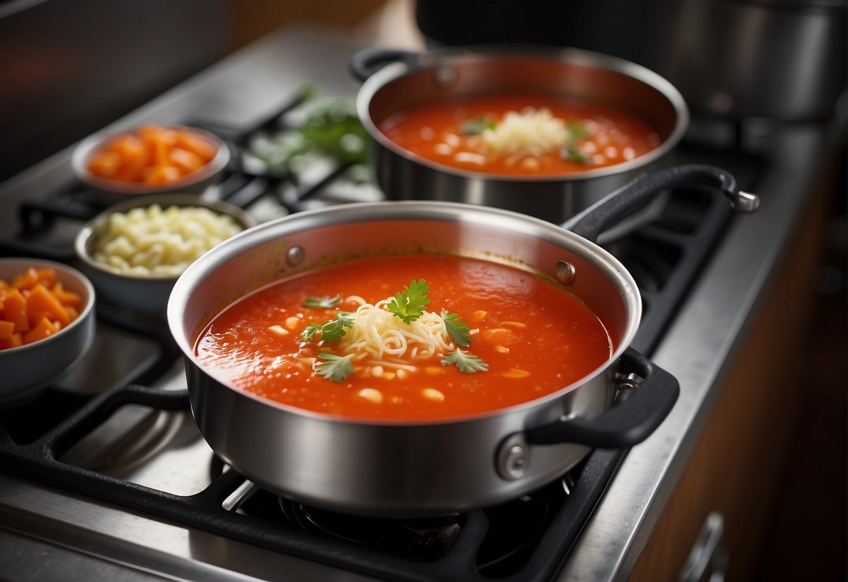 A pot of Chinese tomato soup simmers on a stove. A ladle hovers over the pot, ready to serve the steaming soup into a bowl