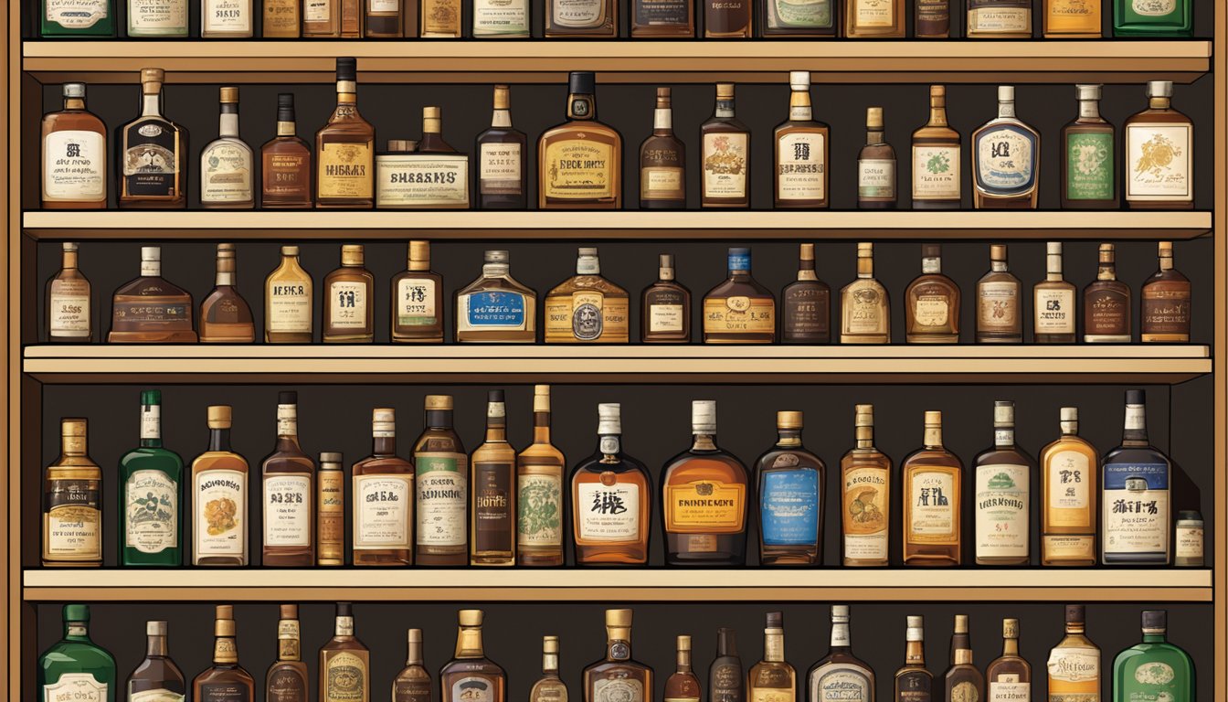 A shelf filled with various Japanese whiskey bottles, with a sign reading "Frequently Asked Questions Japanese Whiskey Brands" displayed prominently