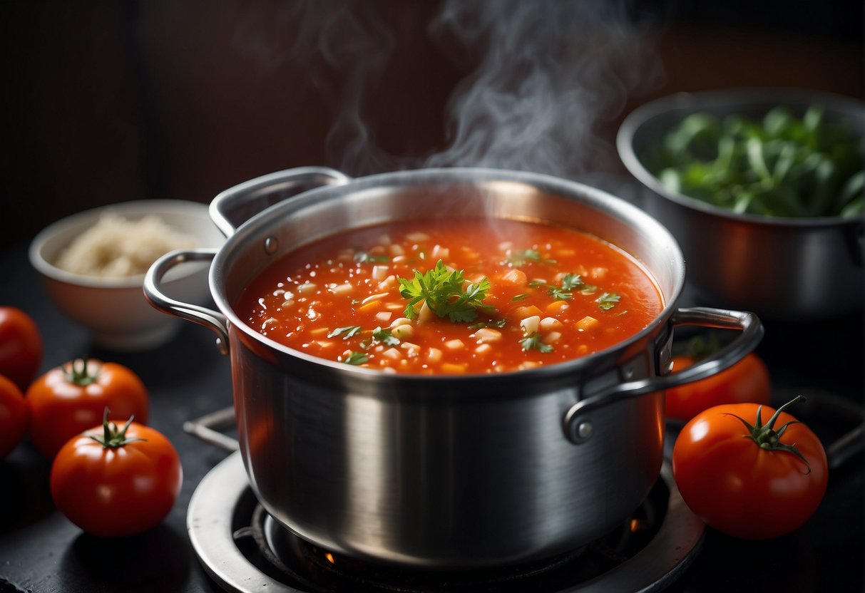 A steaming pot of Chinese tomato soup simmers on a stove, surrounded by vibrant red tomatoes, fragrant garlic, and aromatic herbs
