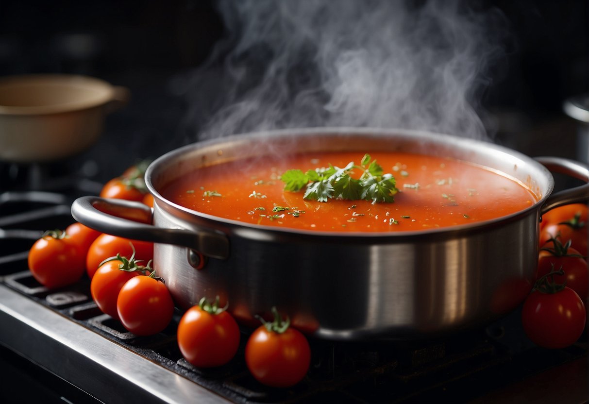 A steaming pot of Chinese tomato soup simmers on a stovetop, surrounded by vibrant red tomatoes, fragrant garlic, and aromatic herbs and spices