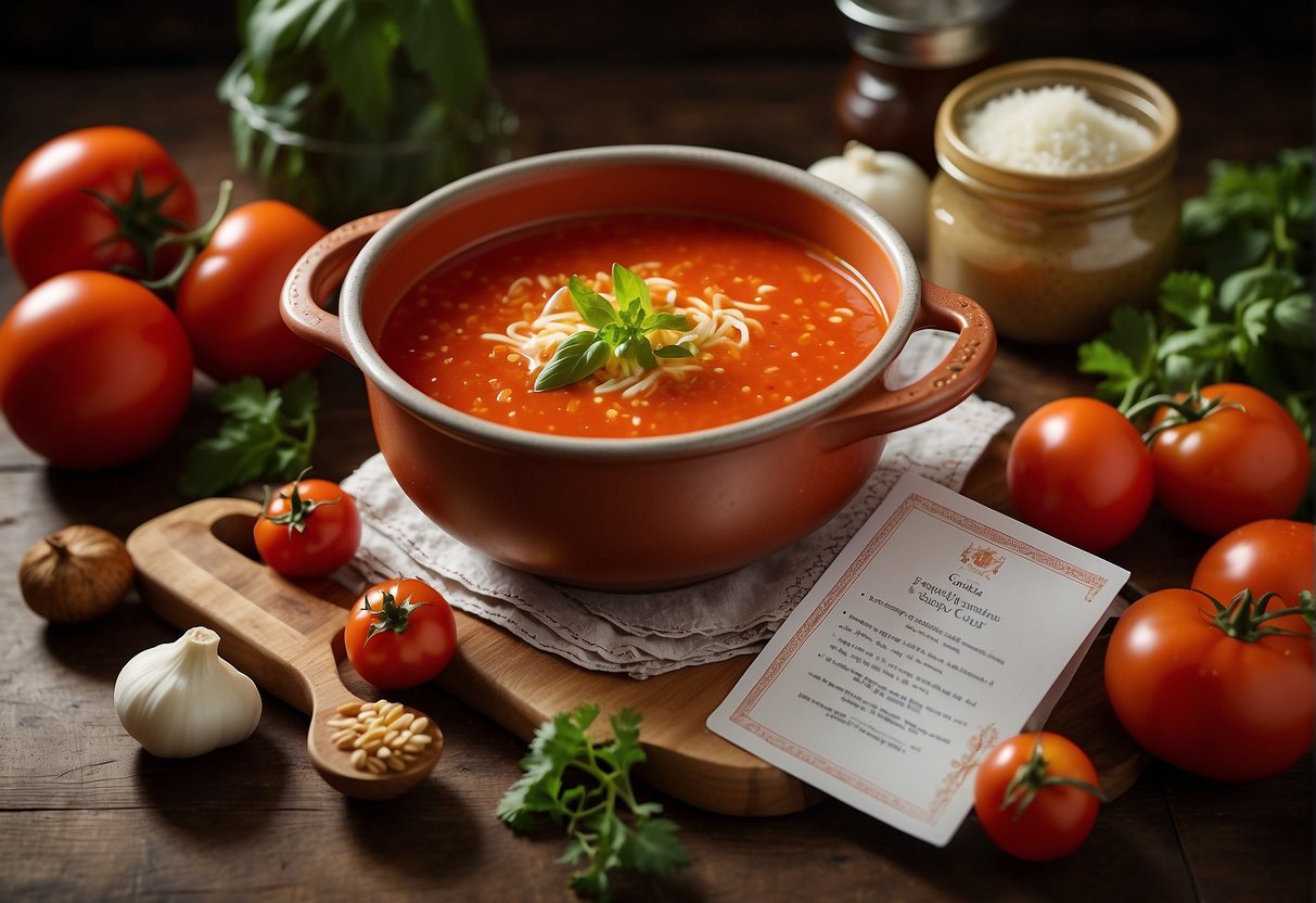 A pot of simmering tomato soup surrounded by ingredients and a recipe card labeled "Frequently Asked Questions Chinese Tomato Soup Recipe"