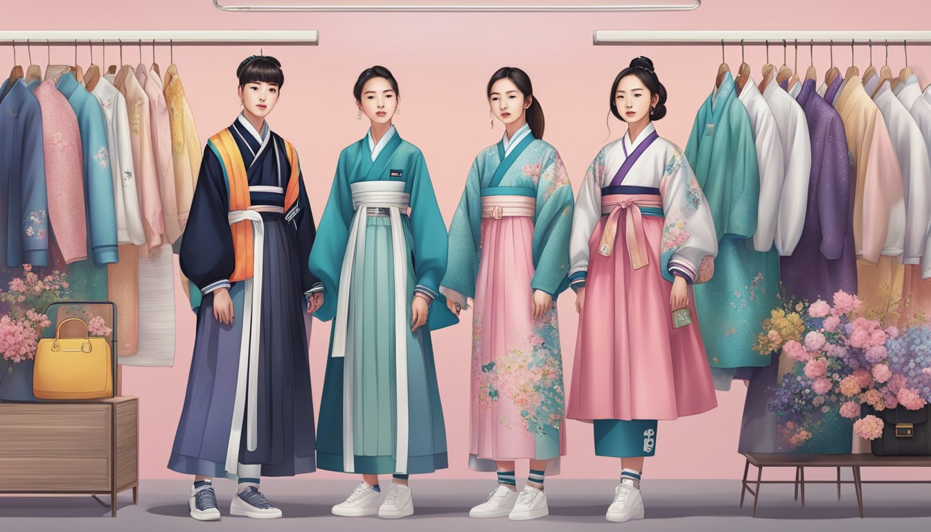 A colorful display of famous Korean clothing brands, featuring traditional hanbok and modern streetwear