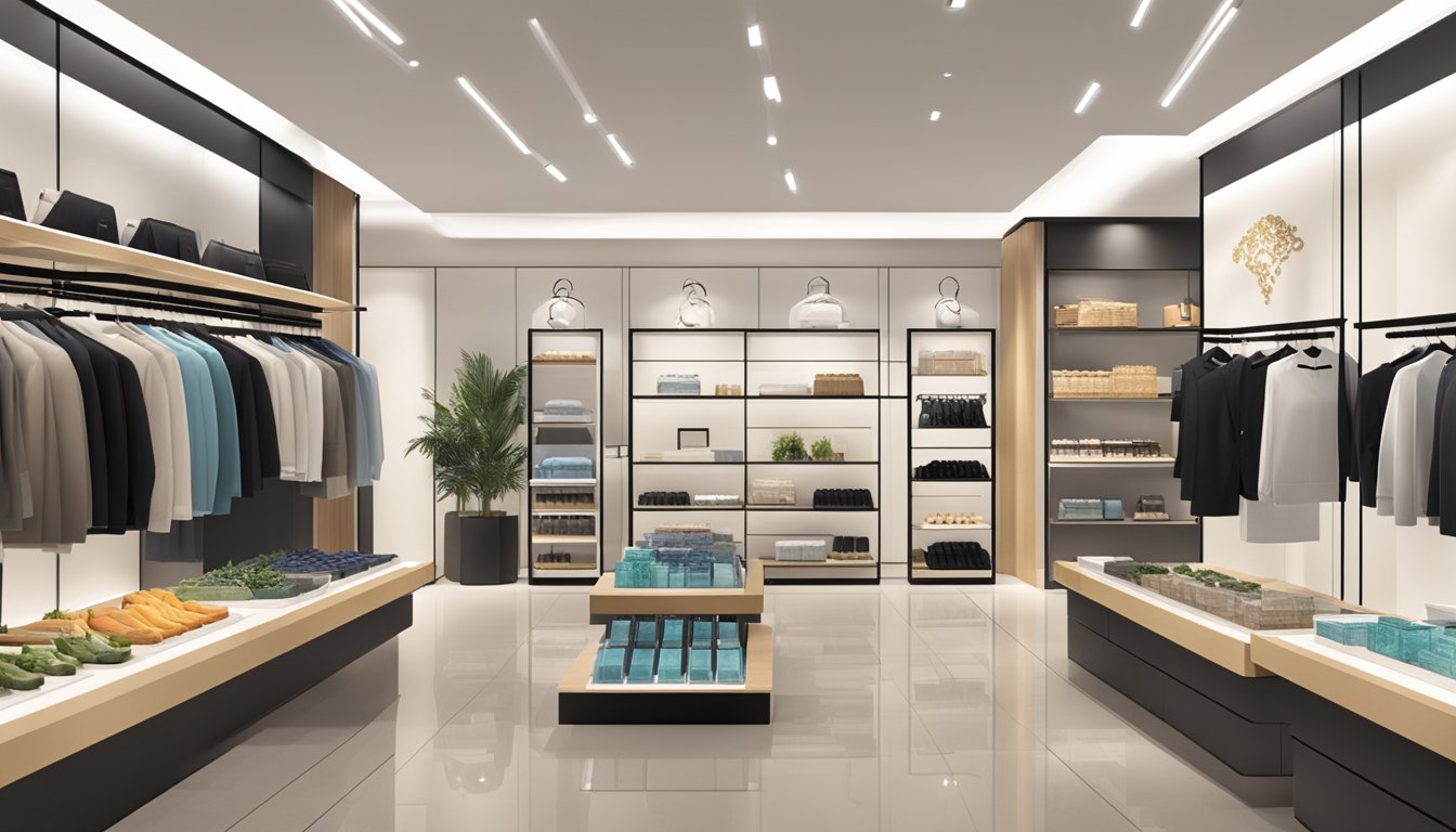 A modern retail store with integrated online and offline channels, showcasing Luxasia brands. Displays feature interactive technology and seamless customer experience