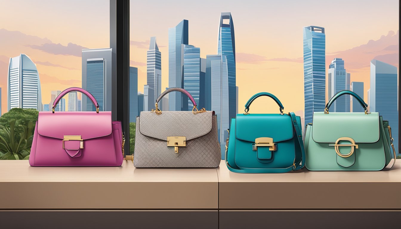 A display of iconic Singapore handbag brands, showcasing their unique designs and luxurious materials, set against the backdrop of the city's skyline