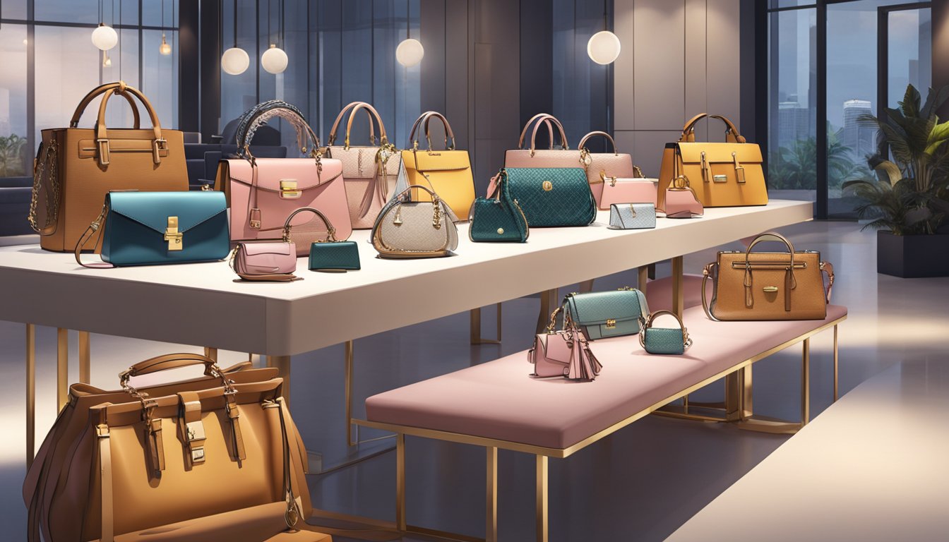 A table adorned with various stylish handbags from top Singapore brands. Bright lights illuminate the display, showcasing the exquisite designs and craftsmanship