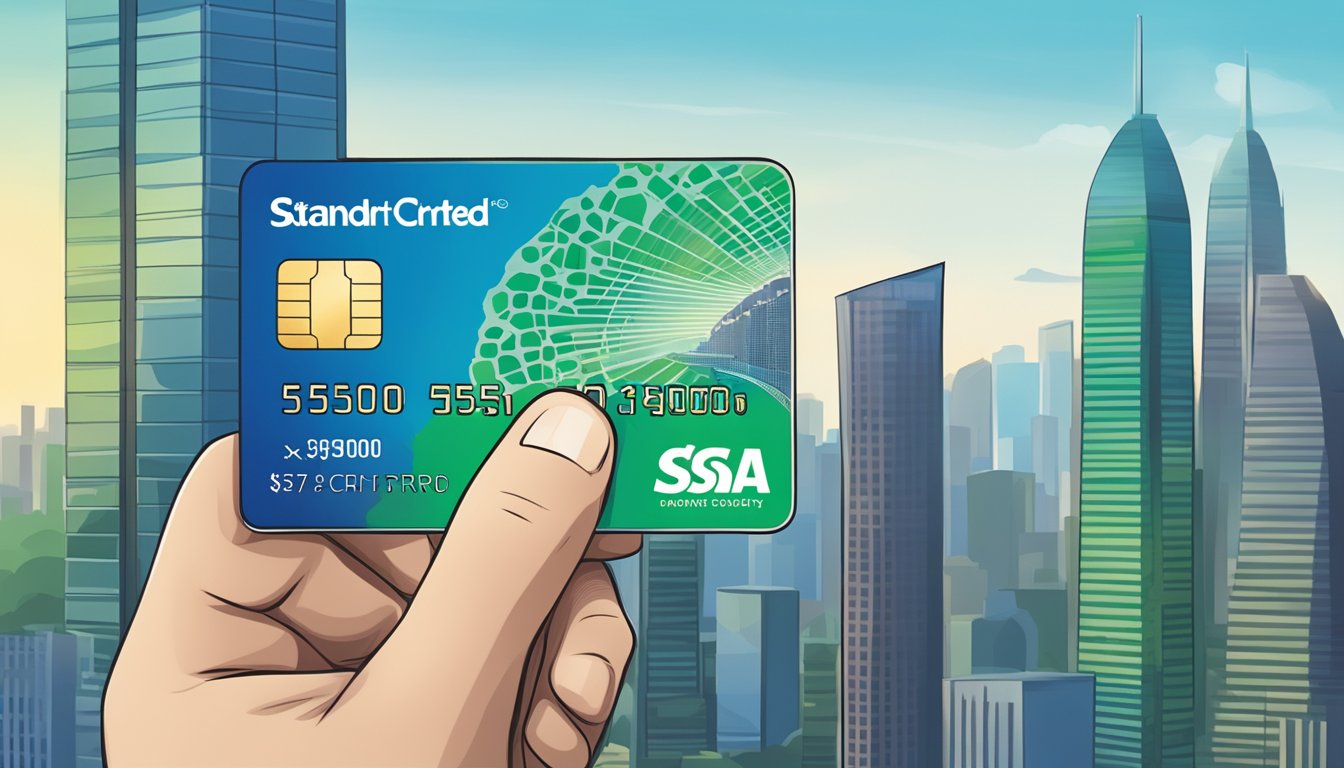 A hand holding a Standard Chartered Simply Cash Credit Card with a city skyline in the background