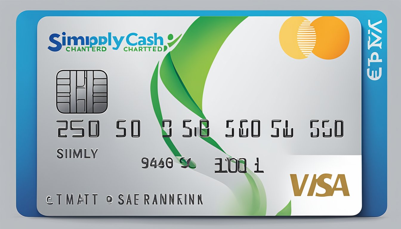 A credit card with the Standard Chartered Simply Cash logo against a clean, modern background. The card features bold, clear text and a sleek design