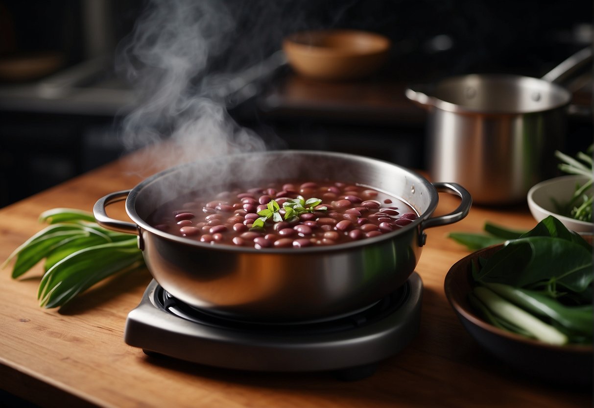 A steaming pot of sweet red bean soup simmers on a stovetop. Ingredients like red beans, sugar, and pandan leaves are laid out on a wooden table