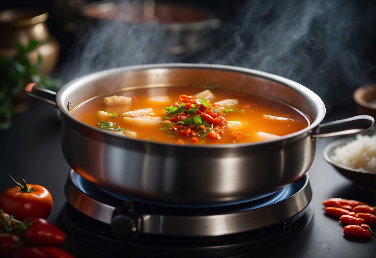 A pot of Chinese tonic soup simmers on a stove, filled with nourishing ingredients like goji berries, ginseng, and chicken, emitting a fragrant aroma
