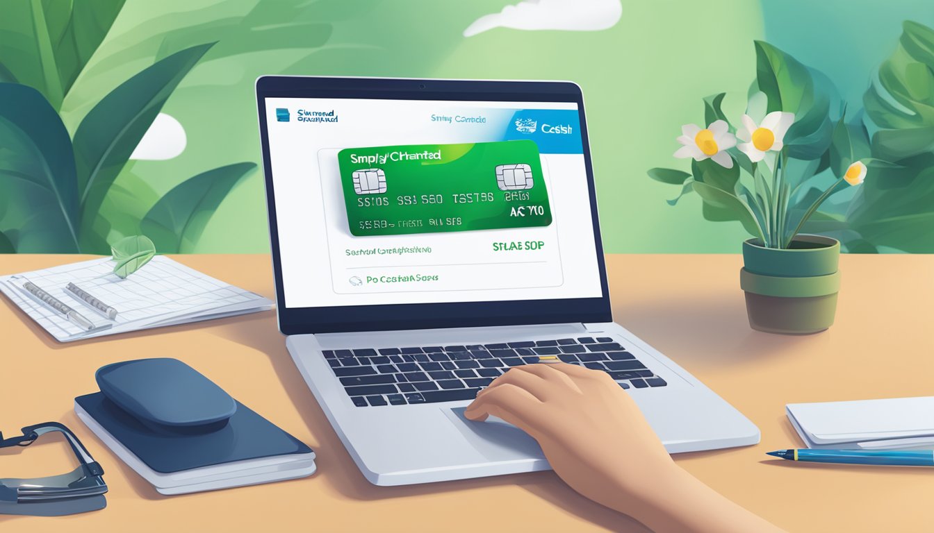 A hand holding a Standard Chartered Simply Cash Credit Card with a laptop showing the application process in the background