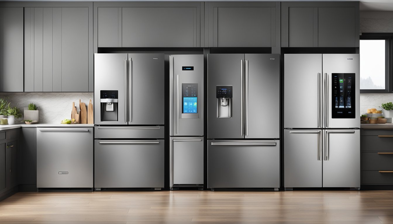 Various fridge brands lined up in a modern kitchen, with sleek stainless steel finishes and digital displays