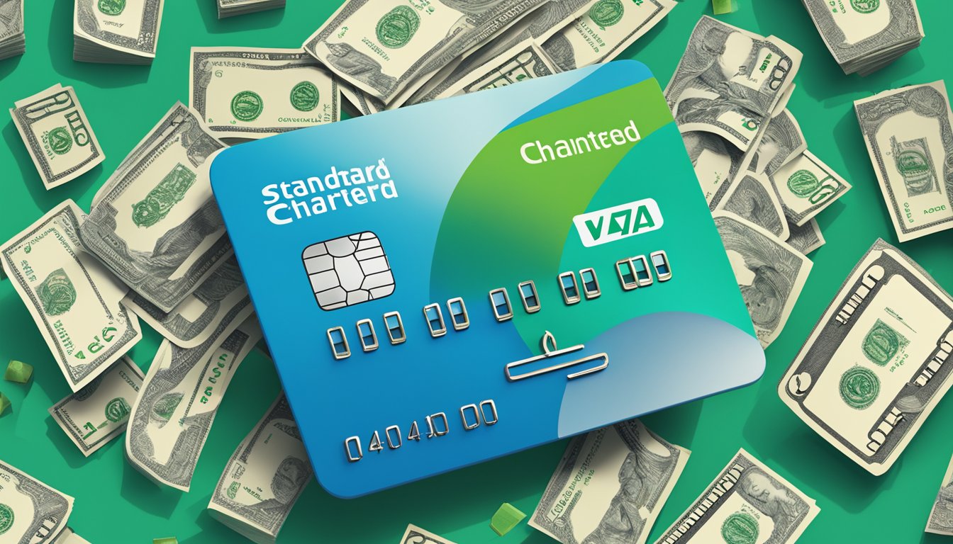 A credit card surrounded by cash, rewards, and benefits logos, with the Standard Chartered logo prominently displayed