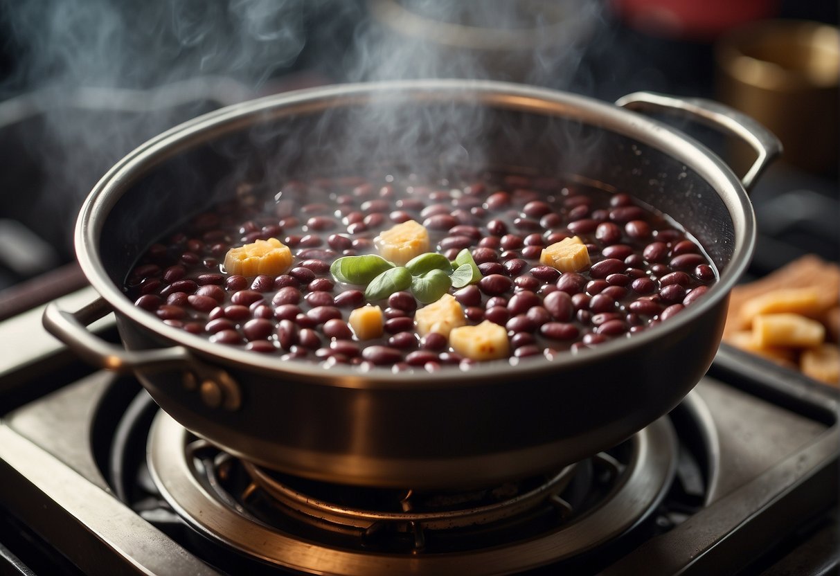 A simmering pot of Chinese tong sui with red bean, lotus seeds, and rock sugar on a stovetop