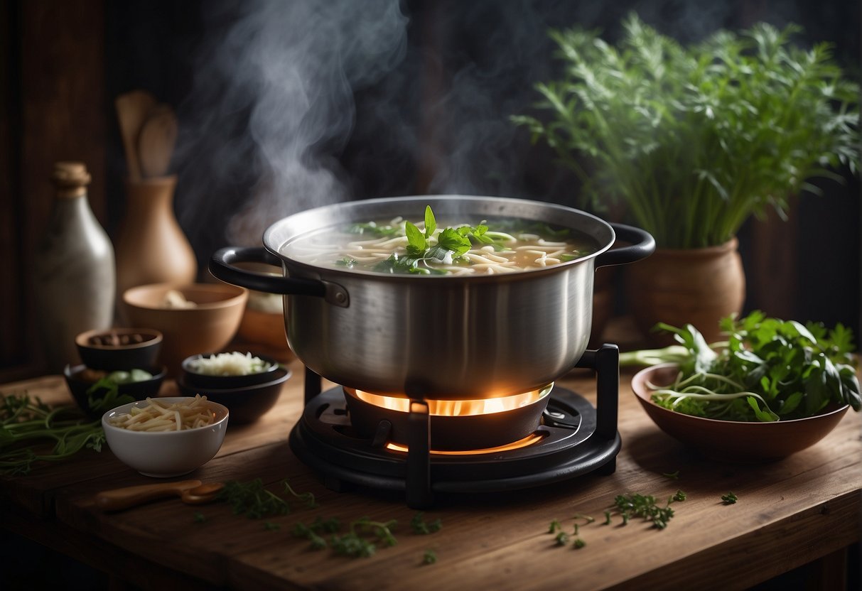 A simmering pot of Chinese tonic soup with various herbs and ingredients, emitting a fragrant steam, sits on a rustic wooden stove