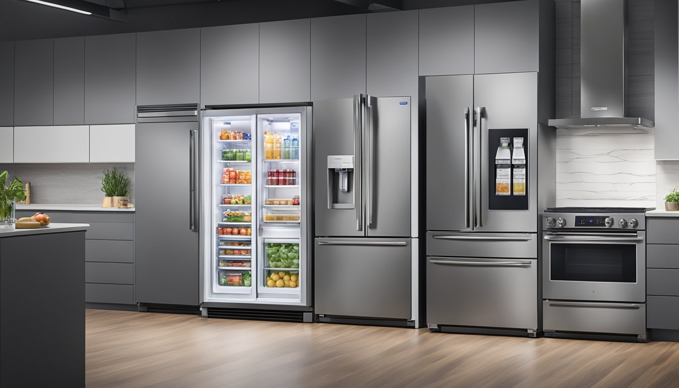 Various top fridge brands displayed in a sleek showroom setting. Bright lighting highlights the modern designs and features of each brand