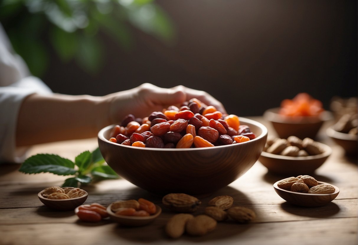 A hand reaches for fresh ginseng, goji berries, and dried dates on a wooden table for Chinese tonic soup