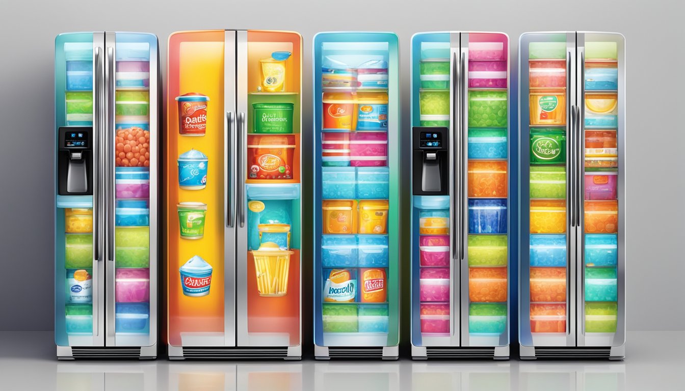 A row of colorful fridge brands lined up on display, with sleek designs and prominent logos
