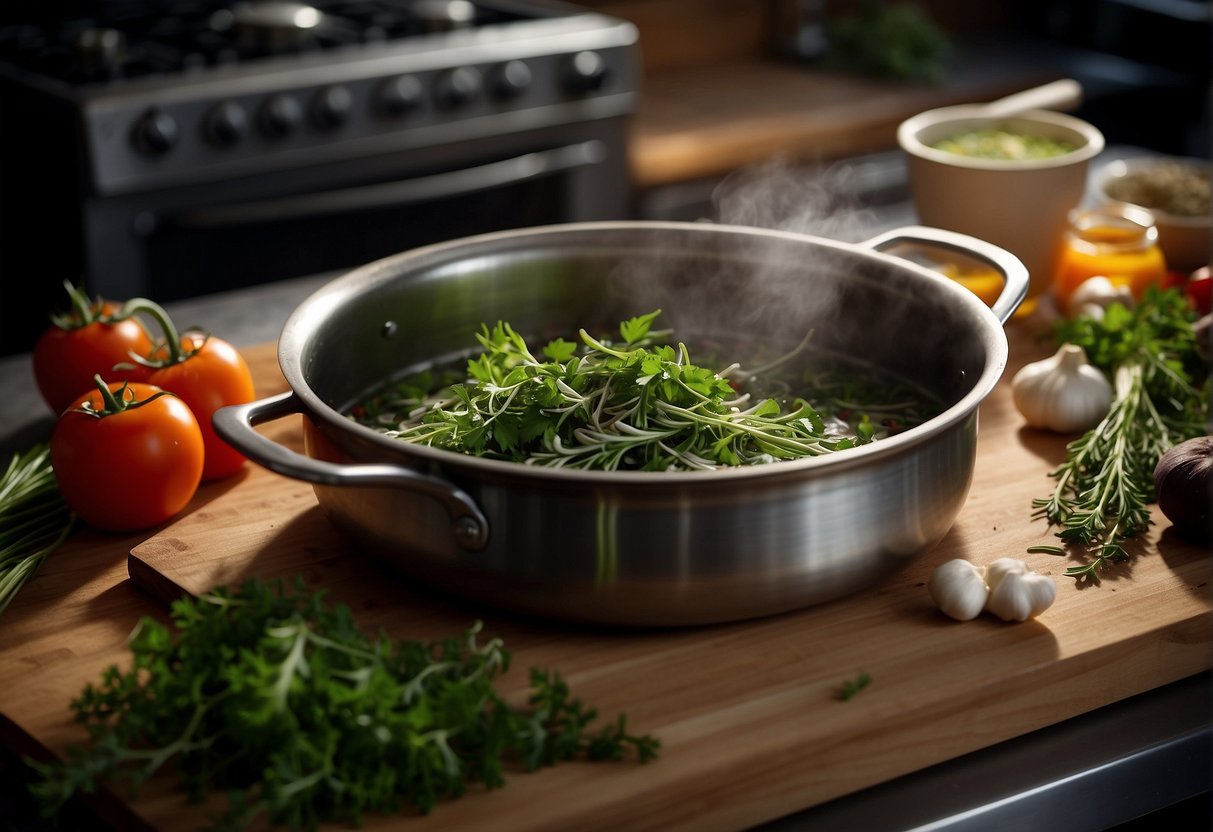 A pot simmers on a stove with various herbs and ingredients laid out on a cutting board. Steam rises as the chef carefully measures and adds each component to the pot