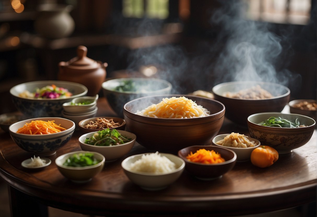 A table filled with various Chinese tong sui bowls, steaming and fragrant, surrounded by colorful ingredients and traditional serving utensils