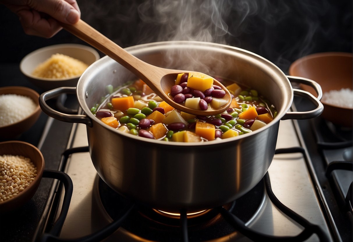 A pot simmers on a stove, filled with sweet soup ingredients like red beans, lotus seeds, and rock sugar. A chef stirs the mixture with a wooden spoon, infusing the air with a warm, comforting aroma