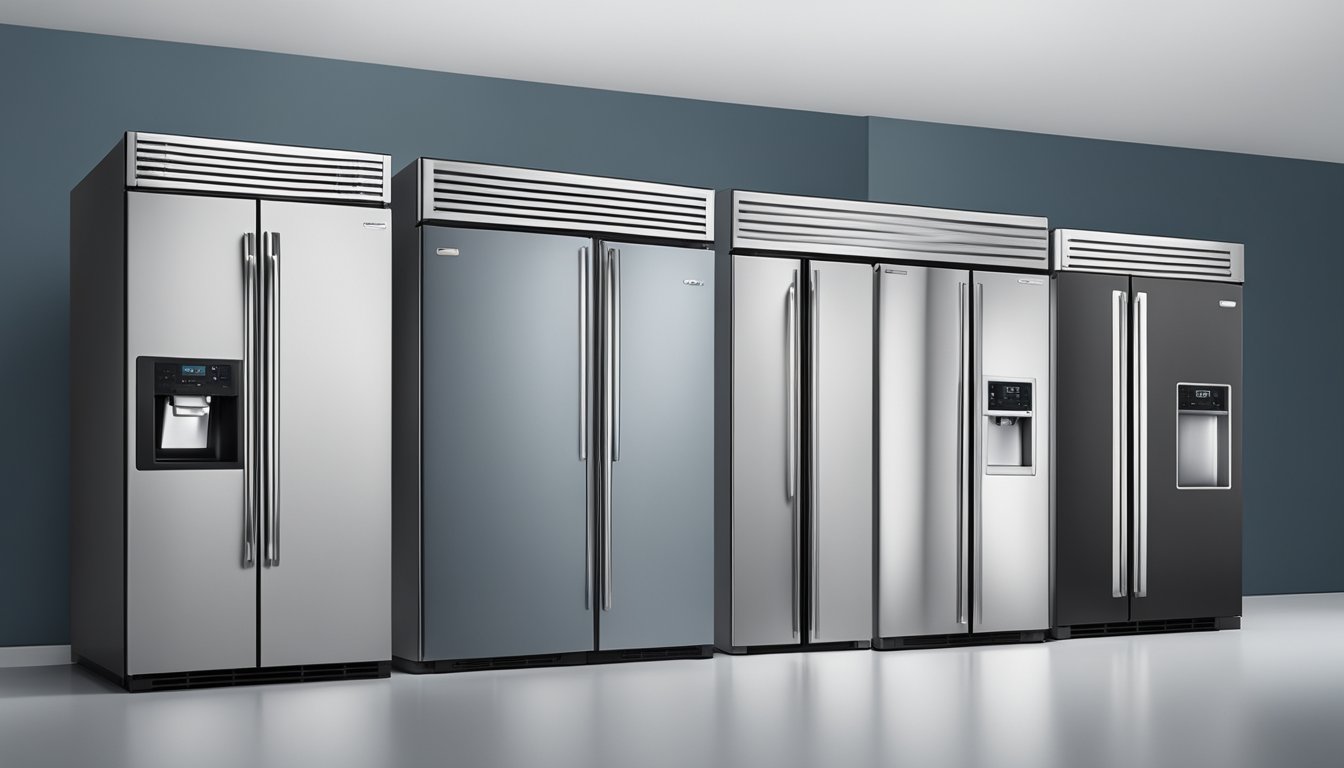 A lineup of various refrigerators, each with distinct brand logos and features, displayed against a clean, modern backdrop
