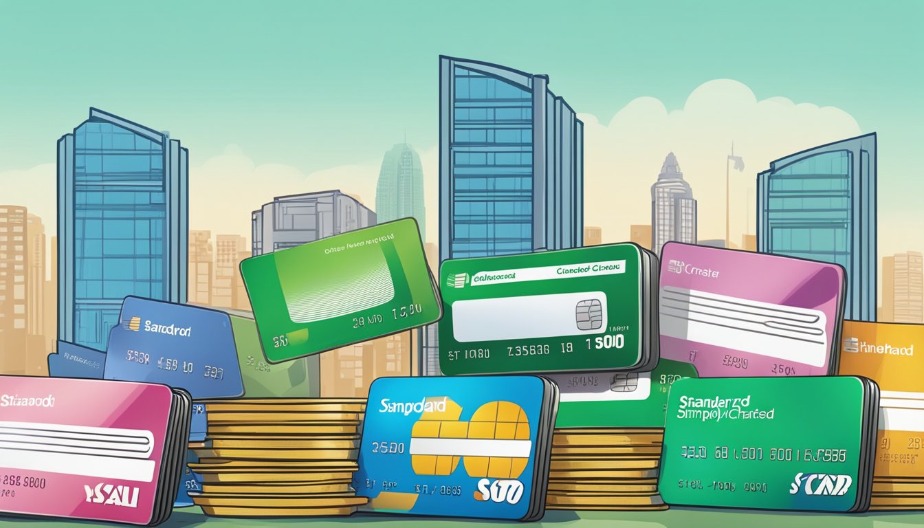 A stack of credit cards, with one standing out as "Standard Chartered Simply Cash," against a Singaporean backdrop