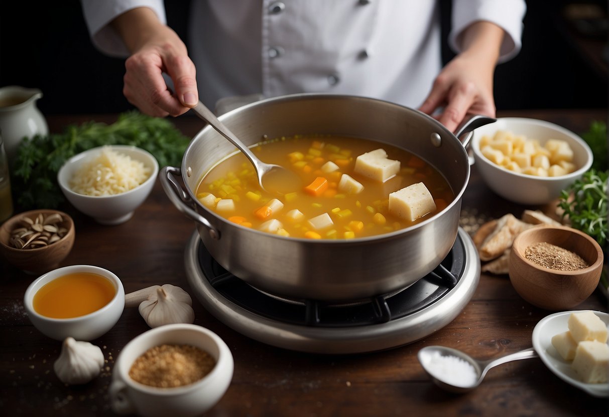 A pot of boiling sweet soup, with ingredients floating inside. A chef's hand holds a ladle, stirring the mixture. A table displays various cooking utensils and bowls
