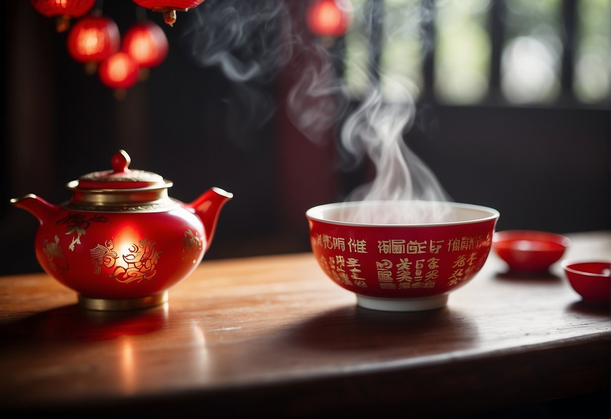 A steaming bowl of traditional Chinese tong sui sits on a wooden table, surrounded by delicate porcelain teacups and a vibrant red paper lantern