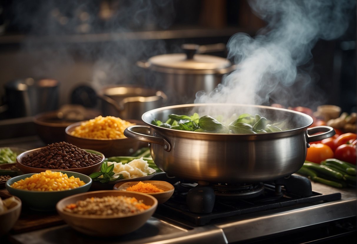 A steaming pot of traditional Chinese tong sui simmers on a stovetop, surrounded by colorful ingredients and aromatic spices