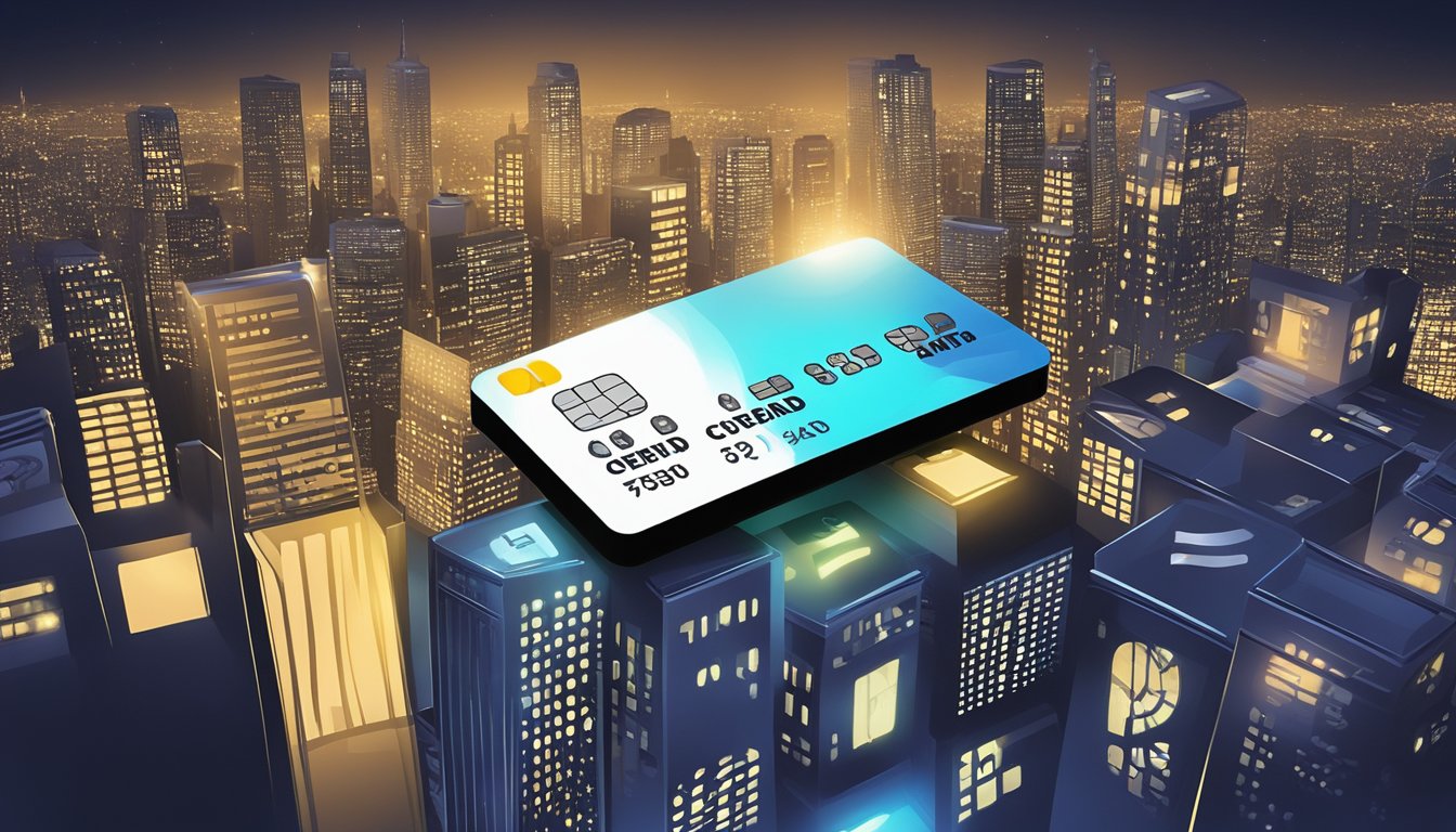 A credit card surrounded by question marks, with a spotlight shining on it, against a background of a city skyline at night