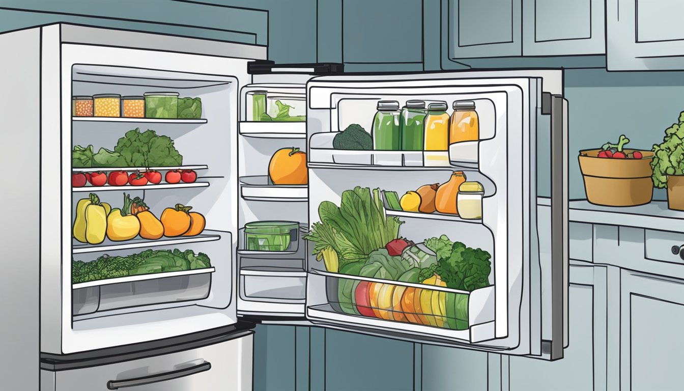 A hand opens a fridge door, organizing shelves with fresh produce and labeled containers. A digital temperature display shows optimal settings