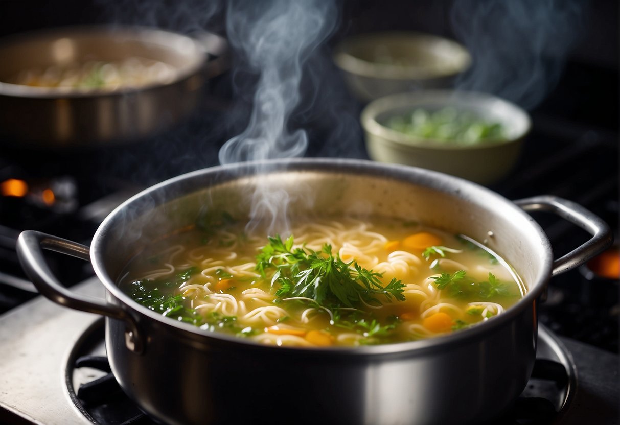 A pot of Chinese tonic soup simmers on a stove, filled with nourishing herbs and ingredients. Steam rises from the bubbling liquid, creating an inviting and comforting scene