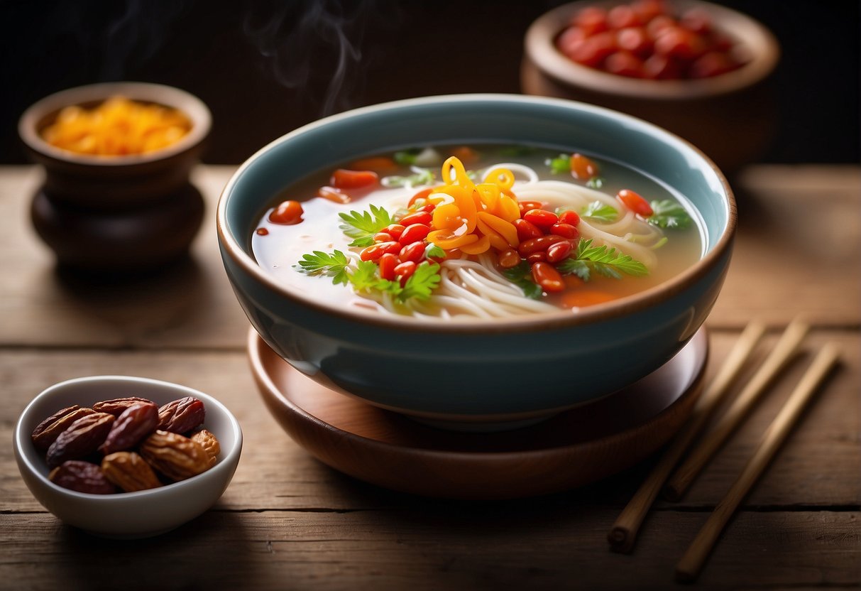 A steaming bowl of Chinese tonic soup is placed on a wooden table, surrounded by vibrant ingredients like goji berries, ginseng, and dates. A pair of chopsticks rest next to the bowl, ready for consumption
