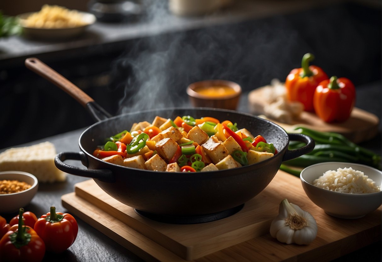A wok sizzles with diced capsicum, garlic, and ginger. Soy sauce and rice wine add depth to the aroma. A bowl of sliced tofu waits nearby for the final touch